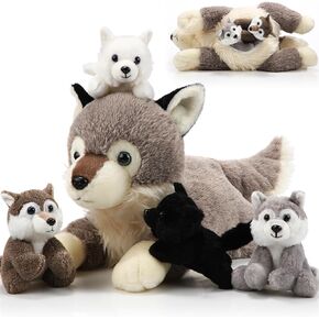Shappy 5 Pcs Wolf Family Stuffed Animals Set 16 Inch Mommy Wolf Plush Toys with 4 Small Babies in Her Zippered Tummy Wolf Plushies for Valentines Day Birthday Return Gifts for Toddler Boys Girls