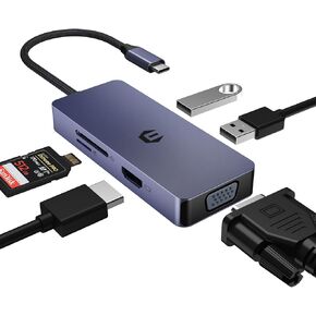 موزع USB C، محول USB C 6 في 1 مع 1 × منفذ HDMI، 1 × منفذ VGA، 2 × منافذ USB، قارئ بطاقة SD/TF، ​​اتصال شامل لأجهزة الكمبيوتر المحمول، والهواتف الذكية، والطاولة، وXPS، وما بعده