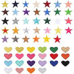 90pcs Star and Heart Iron on Patches Sew, Star and Heart Applique Embroidered Patches Polyester Star Heart Shaped Patch Colourful Sew on Patches for Clothes Jeans Hats Bags and Dress