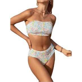 MakeMeChic Women's 2 Piece Bikini Set Floral Print Shirred Halter Neck Frill Trim Tie Back Summer Beach Swimsuit