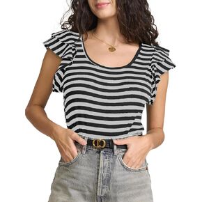 Women Ruffle Short Sleeve Striped T Shirt Summer Slim Fitted Scoop Neck Ribbed Knit Top Dressy Casual Basic Tee Outfit
