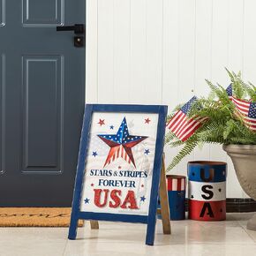 Glitzhome 24" H Patriotic Wooden Easel Porch Sign Wall Hanging Decor for Patriotic Party Supplies Props