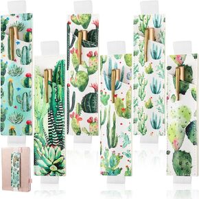 Qilery 6 Pcs Elastic Band Pen Holder for Notebook Boho Cactus Leaves Minimalist PU Leather Pen Sleeve Pouch Adjustable Pen Case for Hardcover Journals Planners Back to School Gift (Boho)