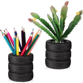 2 Pieces Tire Shaped Planter Pen Holder Air Plant Pot Pencil Holder Desk Organizer Accessories Pen Holder Tire Shaped Plastic Black Pen Stand for Home, Office, Tabletop, Desk, Pen, Pencil Organizer