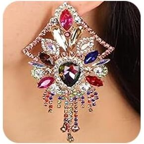 Women Vintage Rhinestone Glass Drill Dangle Earrings Colorful Rhinestone Tassel Dangle Earrings Bohemian Style Pendant Earrings for Women and Girls