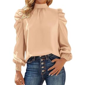 BTFBM Women Satin Mock Neck Long Sleeve Blouses Smocked Puff Sleeve Shirts Business Casual Tops Work Dressy Top Blouse
