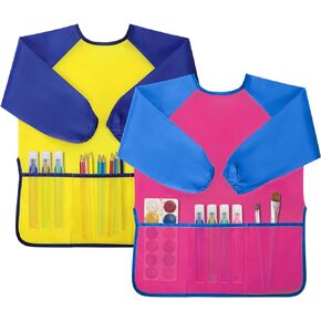 Kids Painting Apron 2 Pack, Waterproof Toddler Art Smock, Artist Smock for Kids Age 2-8 with Long Sleeve and 3 Pockets for Kids Painting Cooking Baking