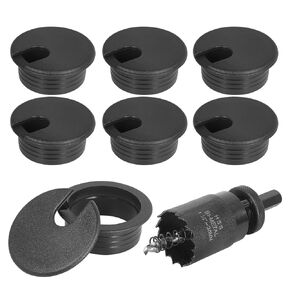 2" Black Desk Grommet with Bi-Metal Hole Saw, JTemgle Plastic Cable Hole Cover Computer Table Cord Wire Organizer Caps, Desktop Cord Management for Home Office TV Stands Tabletops, 7 Pieces