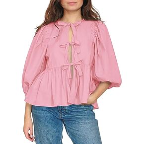 PEHMEA Women Tie Front Tops Peplum Baby Doll Shirts Puff Sleeve Y2K Summer Blouse Going Out Tops