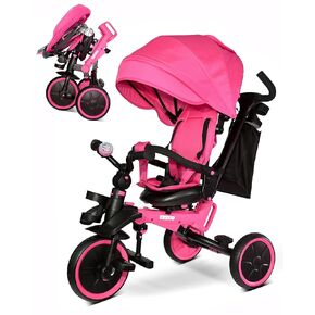 KRIDDO 8-in-1 Foldable Tricycle Stroller for Toddlers 18 Months to 5 Years, 5-Point Seatbelt, 1-Step Brake Pedal, Extended Canopy, Triple Footrest, Safety Rearview Window, Detachable Guardrail, Grey