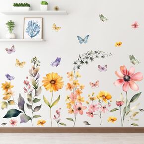 2 Sheets Large Purple Floral Wall Decals Removable DIY Colorful Plants Leaf Wall Decal Peel and Stick Butterfly Wall Art Decor for Girls Nursery Bedroom Living Room Wall Corner Decoration