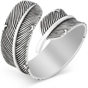 Adjustable Feather Leaf Ring Stacking Ring Vintage Statement Ring 925K Sterling Silver for Women & Men