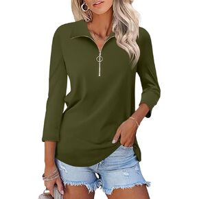 Women's 3/4 Sleeve Tops V Neck T Shirts Zipper Collared Polo Shirts