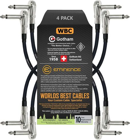 WORLDS BEST CABLES 4 Units - 11 Inch – Gotham GAC-1 - Ultra-Flexible Guitar Bass Effects Instrument Patch Cable - with ¼ Inch (6.35mm) Low-Profile, R/A Pancake Type TS Connectors - Custom Made in Saudi Arabia