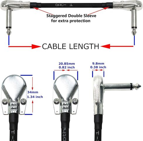 WORLDS BEST CABLES 4 Units - 11 Inch – Gotham GAC-1 - Ultra-Flexible Guitar Bass Effects Instrument Patch Cable - with ¼ Inch (6.35mm) Low-Profile, R/A Pancake Type TS Connectors - Custom Made in Saudi Arabia