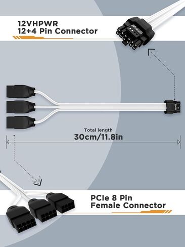 12VHPWR 600W PCIe 5.0 Power Extension Cable, PowerBear Gen 5 PSU Adapter, Fits Type-4 PSUs via Three 8-pin PCIe to 12+4 pin 16AWG Connector for RTX 4090 4080 3090TI 4070Ti Graphics Card GPU, 30cm in Kuwait