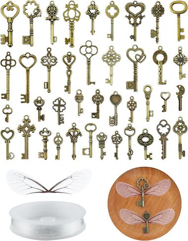 40 PCS Vintage Skeleton Keys Flying Keys Charms with 40 Pairs Dragonfly Wings and 30 Yards Elastic Crystal String Jewelry Making Necklace Crafts Room Decorations in Kuwait