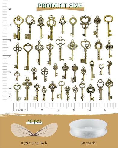 40 PCS Vintage Skeleton Keys Flying Keys Charms with 40 Pairs Dragonfly Wings and 30 Yards Elastic Crystal String Jewelry Making Necklace Crafts Room Decorations in Kuwait