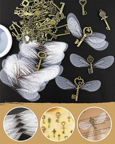 40 PCS Vintage Skeleton Keys Flying Keys Charms with 40 Pairs Dragonfly Wings and 30 Yards Elastic Crystal String Jewelry Making Necklace Crafts Room Decorations in Kuwait