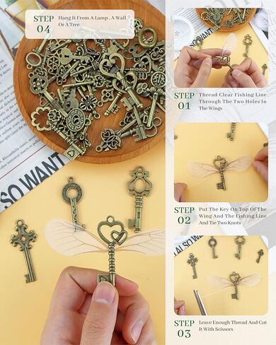40 PCS Vintage Skeleton Keys Flying Keys Charms with 40 Pairs Dragonfly Wings and 30 Yards Elastic Crystal String Jewelry Making Necklace Crafts Room Decorations in Kuwait
