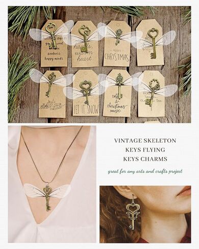 40 PCS Vintage Skeleton Keys Flying Keys Charms with 40 Pairs Dragonfly Wings and 30 Yards Elastic Crystal String Jewelry Making Necklace Crafts Room Decorations in Kuwait