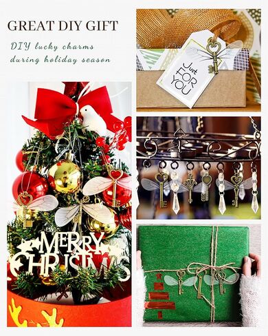 40 PCS Vintage Skeleton Keys Flying Keys Charms with 40 Pairs Dragonfly Wings and 30 Yards Elastic Crystal String Jewelry Making Necklace Crafts Room Decorations in Kuwait