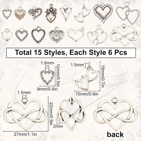SUNNYCLUE 1 Box 90Pcs 15 Styles Heart Charms Hearts Charm Valentine's Day Assorted Love Charms Collection Tibetan Style Alloy Mother's Day Charm for Jewelry Making Charms Valentine Gifts DIY Crafting in Saudi Arabia