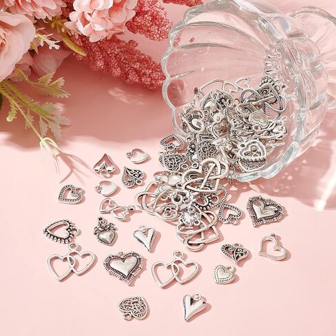 SUNNYCLUE 1 Box 90Pcs 15 Styles Heart Charms Hearts Charm Valentine's Day Assorted Love Charms Collection Tibetan Style Alloy Mother's Day Charm for Jewelry Making Charms Valentine Gifts DIY Crafting in Saudi Arabia