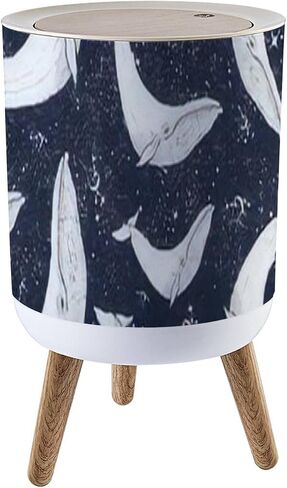 Small Trash Can with Lid Vintage Hand Drawn Nautical Toile De Jouy Seamless with Lighthouse Wood Legs Press Cover Garbage Bin Round Simple Human Waste Bin Wastebasket for Kitchen Bathroom Office in Saudi Arabia