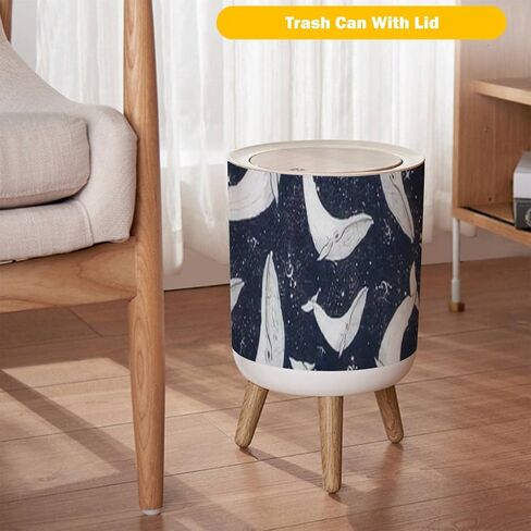 Small Trash Can with Lid Vintage Hand Drawn Nautical Toile De Jouy Seamless with Lighthouse Wood Legs Press Cover Garbage Bin Round Simple Human Waste Bin Wastebasket for Kitchen Bathroom Office in Saudi Arabia