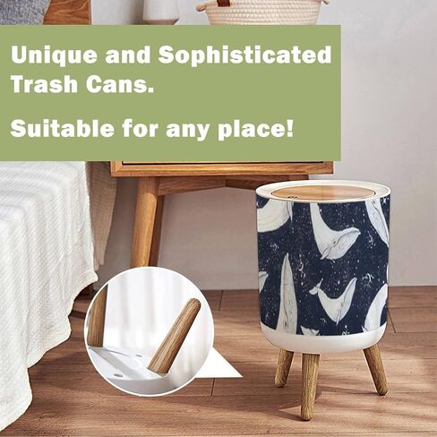 Small Trash Can with Lid Vintage Hand Drawn Nautical Toile De Jouy Seamless with Lighthouse Wood Legs Press Cover Garbage Bin Round Simple Human Waste Bin Wastebasket for Kitchen Bathroom Office in Saudi Arabia