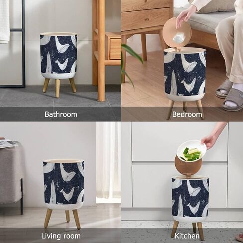 Small Trash Can with Lid Vintage Hand Drawn Nautical Toile De Jouy Seamless with Lighthouse Wood Legs Press Cover Garbage Bin Round Simple Human Waste Bin Wastebasket for Kitchen Bathroom Office in Saudi Arabia