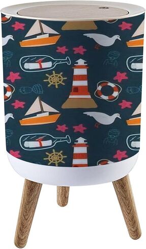 Small Trash Can with Lid Vintage Hand Drawn Nautical Toile De Jouy Seamless with Lighthouse Wood Legs Press Cover Garbage Bin Round Simple Human Waste Bin Wastebasket for Kitchen Bathroom Office in Saudi Arabia