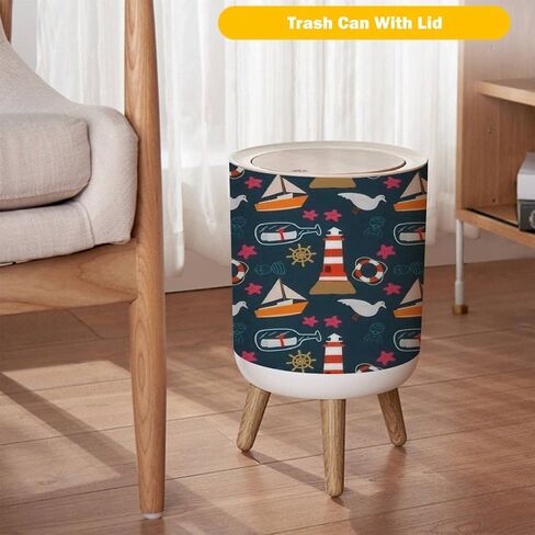 Small Trash Can with Lid Vintage Hand Drawn Nautical Toile De Jouy Seamless with Lighthouse Wood Legs Press Cover Garbage Bin Round Simple Human Waste Bin Wastebasket for Kitchen Bathroom Office in Saudi Arabia