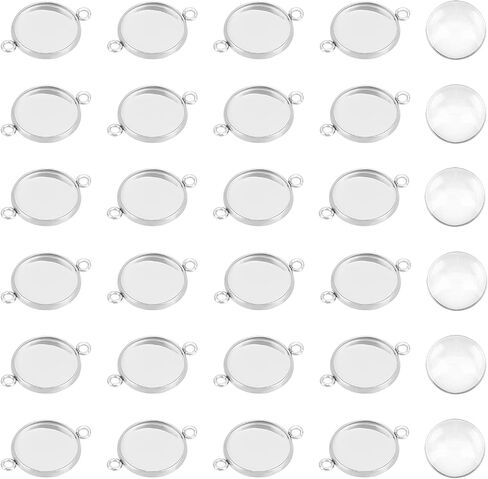 PH PandaHall 100pcs 12mm Stainless Steel Round Connectors Charm Cabochon Trays Bezel Pendant Trays with Clear Glass Cabochons Connectors Links for Jewelry Making 19.5x14x2mm Hole 2mm in Saudi Arabia