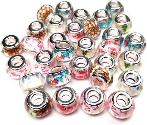 Decoendiy 50Pcs European Beads, Large Hole Print Beads, Flower Leaves Painted Beads, Flamingo Animal Printed Beads, Christmas Snowman Beads for DIY Crafts Supplies (Flamingo) in Saudi Arabia