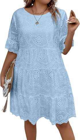 MakeMeChic Women's Plus Size Eyelet Short Sleeve Summer Dress Crew Neck Schiffy Smocked Dress in Saudi Arabia