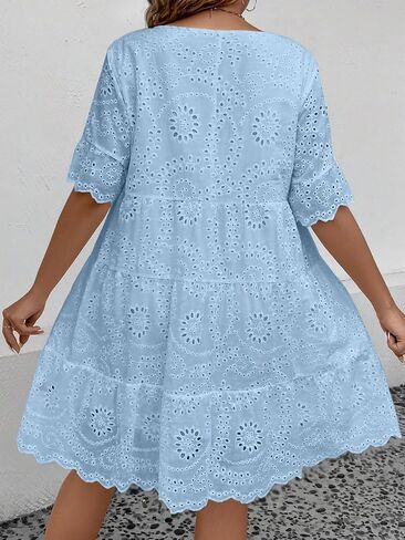 MakeMeChic Women's Plus Size Eyelet Short Sleeve Summer Dress Crew Neck Schiffy Smocked Dress in Saudi Arabia
