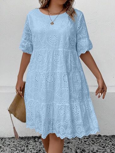 MakeMeChic Women's Plus Size Eyelet Short Sleeve Summer Dress Crew Neck Schiffy Smocked Dress in Saudi Arabia