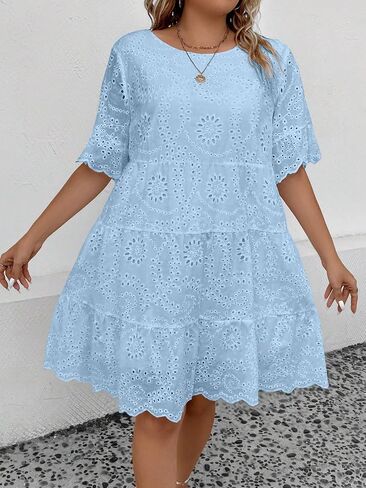 MakeMeChic Women's Plus Size Eyelet Short Sleeve Summer Dress Crew Neck Schiffy Smocked Dress in Saudi Arabia