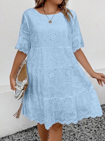 MakeMeChic Women's Plus Size Eyelet Short Sleeve Summer Dress Crew Neck Schiffy Smocked Dress in Saudi Arabia