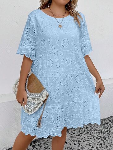 MakeMeChic Women's Plus Size Eyelet Short Sleeve Summer Dress Crew Neck Schiffy Smocked Dress in Saudi Arabia