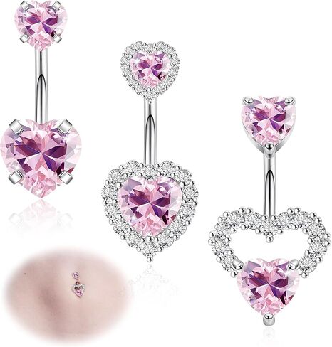 3PCS 14G 316L Stainless Steel Belly Button Rings for Women Cute Double Heart Belly Rings Pink CZ Navel Piercing Jewelry in Saudi Arabia