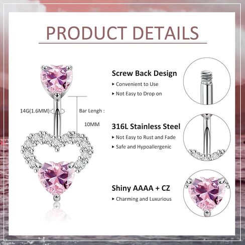 3PCS 14G 316L Stainless Steel Belly Button Rings for Women Cute Double Heart Belly Rings Pink CZ Navel Piercing Jewelry in Saudi Arabia