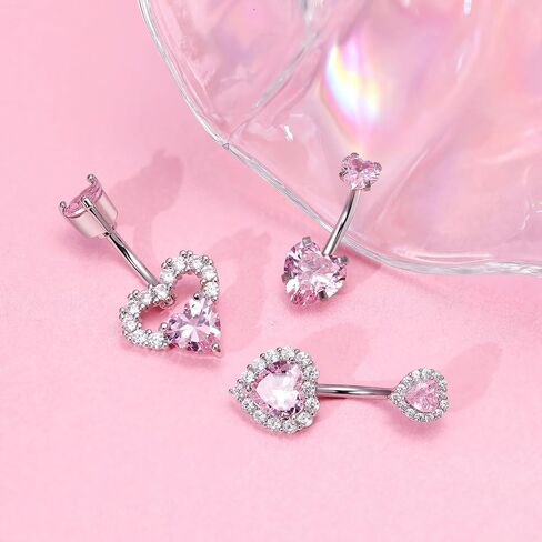 3PCS 14G 316L Stainless Steel Belly Button Rings for Women Cute Double Heart Belly Rings Pink CZ Navel Piercing Jewelry in Saudi Arabia