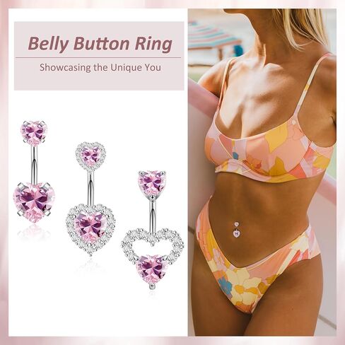 3PCS 14G 316L Stainless Steel Belly Button Rings for Women Cute Double Heart Belly Rings Pink CZ Navel Piercing Jewelry in Saudi Arabia