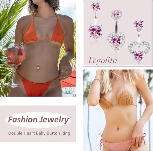 3PCS 14G 316L Stainless Steel Belly Button Rings for Women Cute Double Heart Belly Rings Pink CZ Navel Piercing Jewelry in Saudi Arabia