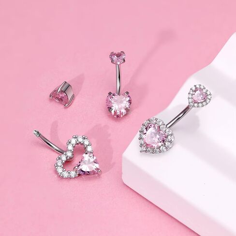 3PCS 14G 316L Stainless Steel Belly Button Rings for Women Cute Double Heart Belly Rings Pink CZ Navel Piercing Jewelry in Saudi Arabia