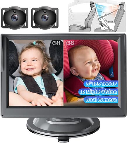 كاميرا سيارة للأطفال مزدوجة القناة، شاشة 5 بوصات عالية الدقة 1080 بكسل وكاميرتين، شاشة عرض مقسمة، رؤية ليلية وعرض واسع 150 درجة كاميرا مرآة سيارة للأطفال للمقعد الخلفي المواجه للمقعد الخلفي، التوصيل والتشغيل، دوران 360 درجة in Kuwait