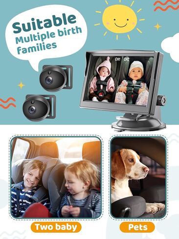 كاميرا سيارة للأطفال مزدوجة القناة، شاشة 5 بوصات عالية الدقة 1080 بكسل وكاميرتين، شاشة عرض مقسمة، رؤية ليلية وعرض واسع 150 درجة كاميرا مرآة سيارة للأطفال للمقعد الخلفي المواجه للمقعد الخلفي، التوصيل والتشغيل، دوران 360 درجة in Kuwait